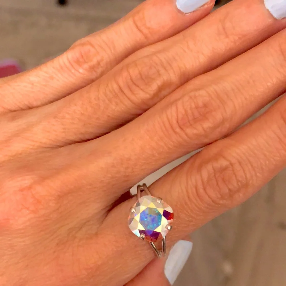 Aurora Borealis + Silver Cushion Cut Crystal Ring